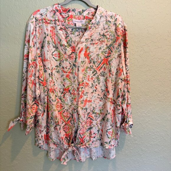 Allison Daley Womens VNeck Blouse 2XL Tie Front Cuffs 3/4 Sleeve IKAT Peach NWT - Picture 2 of 10